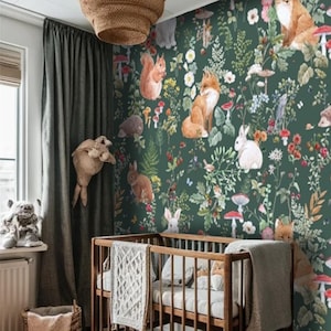 Woodland Forest Wallpaper for Boys and Girls, Whimsical Animal Print, Watercolor Greenery Wall Art Nursery, Peel and Stick, Botanical Decor
