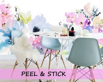 Lichtblauw bloemenbehang, kinderkamermeisjebehang, paars bloembehang, Pastel Peel en Stick Wallpaper, Floral Pink en Blue Art #20