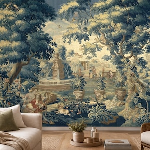 May include: A wall mural featuring a pastoral landscape scene in shades of blue, cream, and beige. The design depicts a garden with large trees, a stone fountain, potted plants, and figures in period clothing within a lush outdoor setting.