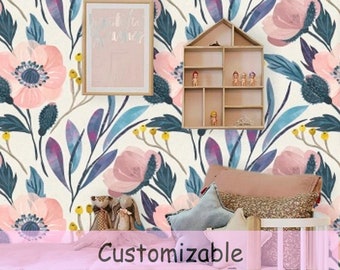 Vintage Poppy Wallpaper, Whimsy Floral Wallpaper Removable, Big Flower Wallpaper, Pink Nursery Wallpaper, Peel and Stick Blue Wallpaper #134