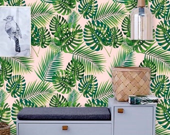 Palm Fronds Wallpaper, Pink Monstera Wallpaper, Palm Wallpaper Peel and Stick, Bright Tropical Mural Wallpaper, Green Leaves Wall Decal #27