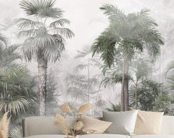 Misty Green Palm Forest Wall Mural, Neutral Tropical Jungle Wallpaper, Peel and Stick or Vinyl, Boho Organic Decor, Custom Size