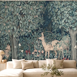 Enchanted Forest Deer and Fox Wall Mural, Lush Woodland Tapestry Wallpaper, Peel and Stick or Vinyl, English Cottage Decor, Custom Size