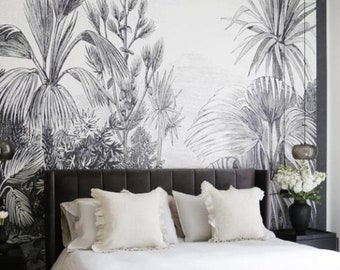 Black and White Jungle Wallpaper Rainforest, Landscape Wall Mural Tropical Peel and Stick Removable Wallpaper in size 133" wide x 89" high