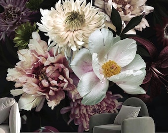Rosa lila Blumen-Tapete dunkles Wandbild, abnehmbares Schälen und aufkleben, Beerdigung Dekor, gotische stimmungsvolle Blumenstrauß-Tapete für Fokalwand