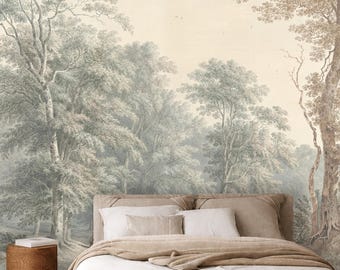 Vintage Forest Wall Mural Muted, Removable Peel and Stick Prepasted Wallpaper, Soft Woodsy Décor, Dreamy Landscape Cream Mural for Library