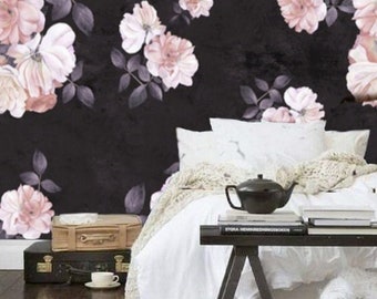 Roses Flower Wallpaper, Dark Floral Wall Mural Removable, Wallpaper Peel & Stick Mural, Watercolour Wallpaper Self Adhesive Wall Paper #79