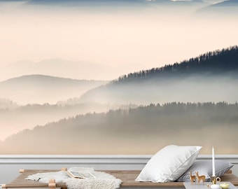 Foggy Berge Tapeten Wandbild Blau, Abnehmbarer Peel and Stick Vorgeklebt, Neblig Landschaftsdekor, beruhigende Natur Tapete Ästhetisches Schlafzimmer