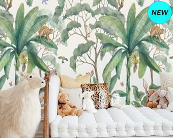 Baby Boy Nursery Jungle Wallpaper, Peel and Stick Mural Remove Wallpaper, Banana Leaf Wallpaper Removable Kids Room Wallpaper Animals #159