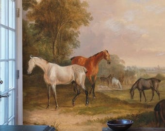 Moody Vintage Horse Landscape Wallpaper, Removable Peel and Stick Prepasted, Country Western Decor, Cowboy Theme Mural for Entryway