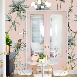 Gepard Tapete Dschungel-Wand-Papier, rosa Chinoiserie Tapete, Dschungel-Wandbild, Affe Tapete Tropische Palmen-Tapete #211