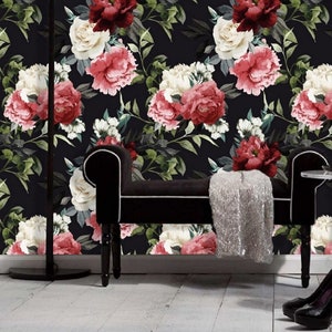 Pink Red White Peony Wallpaper Black Background, Removable Peel and Stick Prepasted, Dark Floral Decor, Charm Wallpaper for Chic Boutique