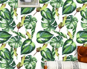 Abstract Leaves Wallpaper, Removable Peel and Stick Prepasted, Southern Living Decor, Tropical Colonial Style Wallpaper for Sitting Room