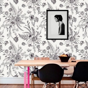 Sketch Floral Wall Paper, Black and White Wallpaper Murals Removable Wallpaper Sticker, Peel & Stick Wallpaper Flowers, Boho Wall Paper #82