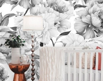 Black and White Peony Wallpaper Mural, Removable Peel and Stick Prepasted, Soft Monochrome Decor, Neutral Floral Wallpaper for Girl Nursery