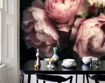 Large Flower Wallpaper, Large Flower Mural Peel and Stick Wallpaper Floral, Removable Floral Wallpaper Soft Roses Black Floral Wallpaper #75