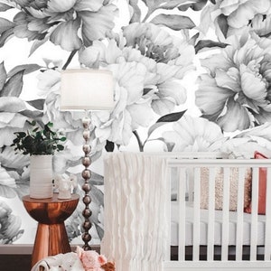 Giant Peony Wallpaper Black and White, Flower Peony Peel and Stick Wallpaper Nursery Floral, Peony Watercolor Wallpaper Peony Wall Mural #93