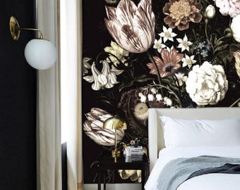 Dark Vintage Floral Wallpaper Mural, Removable Peel and Stick Prepasted, Moody Maximalist Decor, Dramatic Wallpaper for Master Bedroom