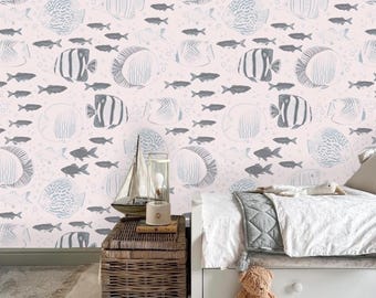 Carta da parati retrò con pesci funky blu, rimovibile, stacca e attacca, preincollata, decorazione per case sul lago, carta da parati costiera per il bagno