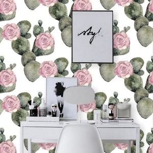 Carta da parati con fiori di cactus rosa, decorazione sud-occidentale, tema del deserto per la cameretta dei bambini, acquerello stacca e attacca, decorazione murale rimovibile, facile da applicare #123