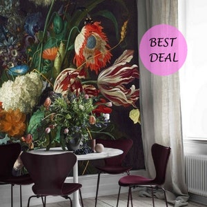 Vintage Floral Wallpaper Peel and Stick Black, Large Scale Floral Wallpaper Living Room, Self Adhesive Wall Mural, Big Flower Wallpaper #142