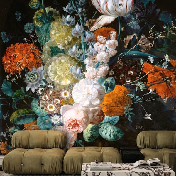 Pink Orange Flower Wallpaper Dark Mural, Removable Peel and Stick Prepasted, Vintage Ethereal Decor, Victorian Style Wallpaper Dining Room