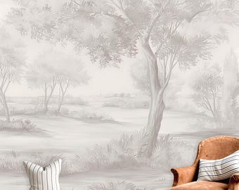 Mural de papel pintado con paisaje de árboles en gris suave y brumoso, extraíble, despegable y pegado, decoración parisina, papel pintado pintado a mano, clásico para habitación infantil.