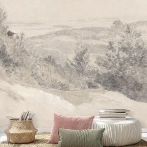 Subtle Grey Vintage Trees Pencil Drawing Sketch Landscape Wallpaper Mural Peel and Stick on Etsy
