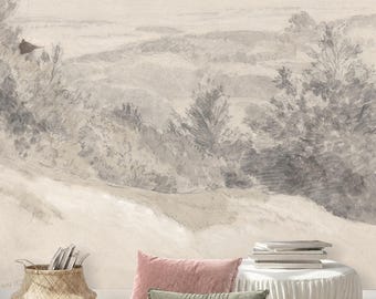 Subtle Grey Vintage Trees Sketch Wallpaper Mural, Removable Peel and Stick Prepasted, Cozy Room Decor, Pencil Drawing Landscape Wallpaper