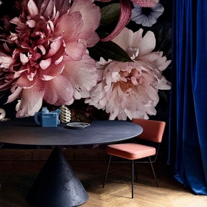 Dark Floral Wallpaper Mural, Black Peel and Stick Wallpaper Floral Peony Flower Wall Decal, Bedroom Wallpaper in size 110&quot; wide x 83&quot; high