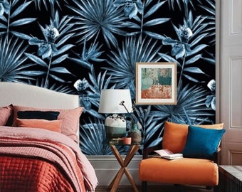 Blue Palm Leaf Wallpaper, Peel and Stick Wallpaper Blue, Palm Wallpaper Black, Tropical Wallpaper Black, Botanical Wallpaper Dark Blue #102