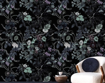 Gothic Floral Wallpaper Blue Purple, Removable Peel and Stick Prepasted, Dark Academia Decor, Moody Black Botanical Wallpaper for Bathroom