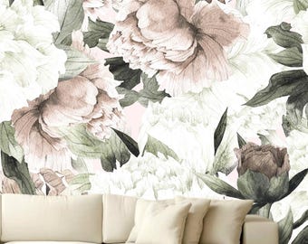 Blush Peony Floral Wallpaper Mural, Removable Peel and Stick Prepasted, Boho Vintage Style Home Decor, Trending Wallpaper for Powder Room