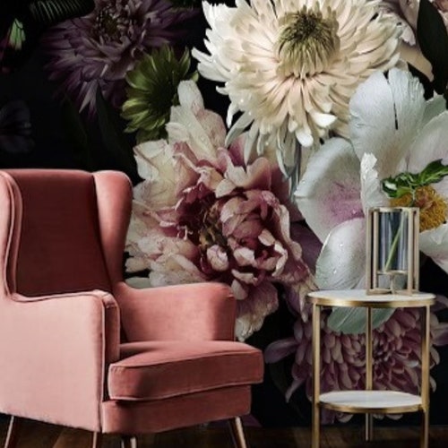 Dark Floral Mural Vintage Floral Wallpaper Peel and Stick Etsy