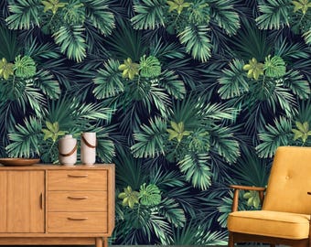 Papier peint feuilles tropicales vert émeraude sur fond sombre, pré-encollé amovible, décor botanique lunatique, papier peint palmier noir Spa