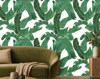 Vintage Banana Leaf Wallpaper Deep Green White, Removable Peel and Stick Prepasted, Boho Western Decor, Tropical Wallpaper Cowgirl Bedroom