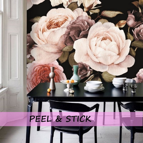 Peel and Stick Floral Wallpaper Mural, Black Floral Wallpaper Large Floral Mural, Dark Floral Wallpaper Nursery Vintage Rose Wallpaper #85