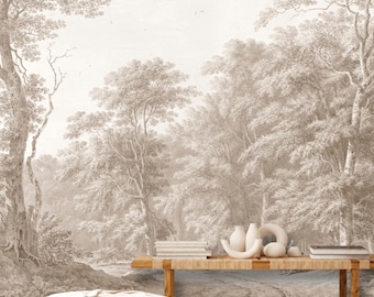 Papel pintado con paisaje beige claro, extraíble, autoadhesivo, con decoración amaderada neutra, mural de pared con bosque vintage de ensueño para salón.