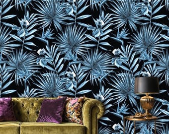 Blue Palm Leaf Wallpaper Black Background, Removable Peel and Stick Prepasted, Coastal Beach Decor, Dark Colored Wallpaper for Summer House