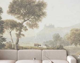 Muted Landscape Wallpaper, Pastoral Scenery Wallpaper, Neutral Vintage Wallpaper, Moody Country Painting, Dawn in the Valley Mural Wallpaper