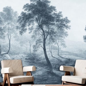 Dusty Blue Tall Trees Wall Mural Landscape, Removable Peel and Stick Prepasted, Moody Blue Decor, Scenic Pastures Wallpaper Master Bedroom