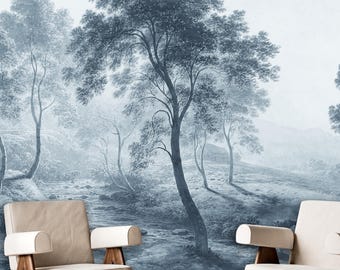 Dusty Blue Tall Trees Wall Mural Landscape, Removable Peel and Stick Prepasted, Moody Blue Decor, Scenic Pastures Wallpaper Master Bedroom