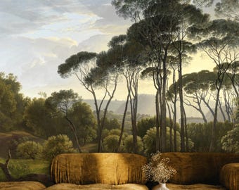 Scenery Wall Mural Oil Painting Landscape, Removable Peel and Stick Prepasted Italian Countryside Decor, Dark Green Tree Italy Bedroom Mural
