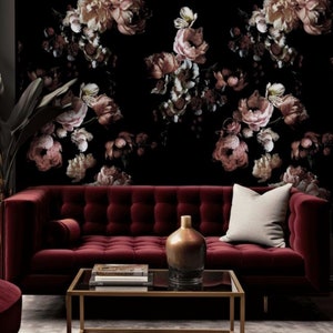 Dunkle Blumen Tapete, Altrosa Pfingstrose Wandbild, Blüten auf schwarzem Hintergrund, Schälen und Aufkleben Wandkunst, Stimmungsvolles Wohnzimmer