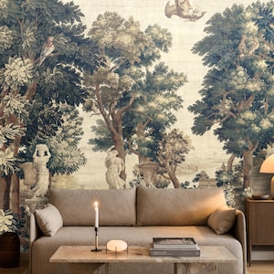 French Aubusson Tapestry Wall Mural, Antique Park Landscape Wallpaper, Peel and Stick or Vinyl, Heritage Verdure Decor, Custom Size