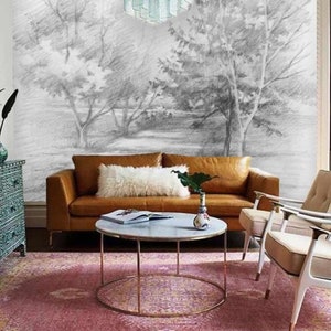 Papier peint dessin d&#39;arbres au fusain, amovible, préencollé, décoration scandinave, papier peint de style campagnard pour salle à manger