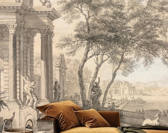 Mural de parede com paisagem clássica de porto romano, papel de parede com gravura antiga, autoadesivo ou vinílico, decoração europeia antiga, tamanho personalizado.