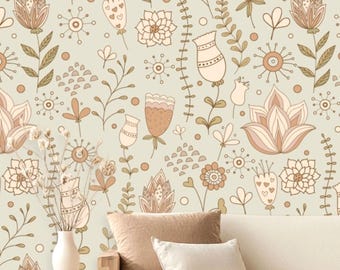 Mint Green Whimsical Floral Wallpaper Vintage Botanical, Removable Peel and Stick Prepasted, Flower Decor, Pretty Wallpaper for Girls Room