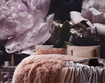 Mural de papel pintado de peonías moradas grandes, despegable y pegable o tradicional, decoración floral oscura, papel pintado en liquidación