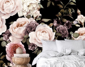 Black Rose and Peony Wallpaper, Moody Botanical Wall Mural, Peel and Stick or Vinyl, Romantic Luxury Decor, Custom Size